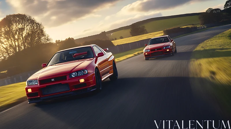 Twin red sports cars share a golden hour track adventure
