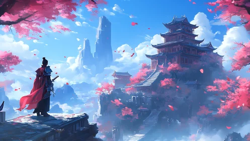 Samurai observes mountain temple amid dense pink blossoms