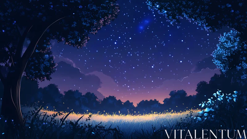 Starlit forest clearing glows softly under a tranquil dusk sky
