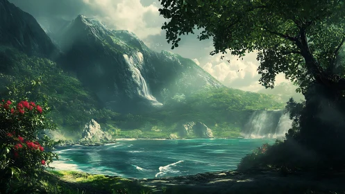 Luminous jungle bay beneath towering misted waterfalls.