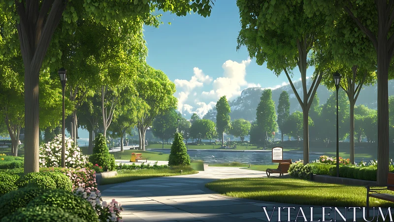 Tree lined park path curves beside calm lake under sunlight