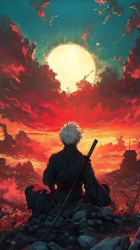 Solitary swordsman greets a blazing sky at the edge of dusk