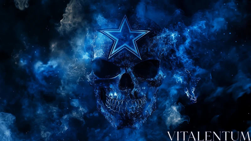 Glowing blue skull with star emblem burns through cosmic smoke