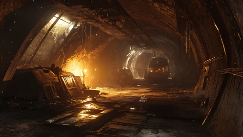 Abandoned underground tunnel glows with industrial firelight