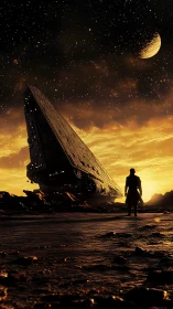 Lone explorer studies crashed starship under burning alien sky