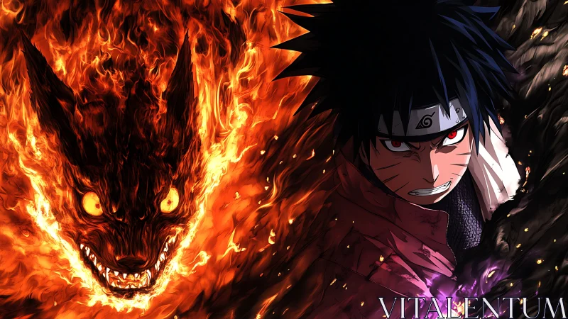 Fiery ninja warrior with demonic fox spirit aura clash.