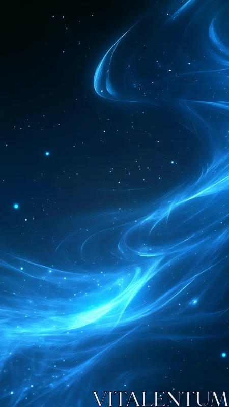 Blue cosmic nebula stream curves through starry void.