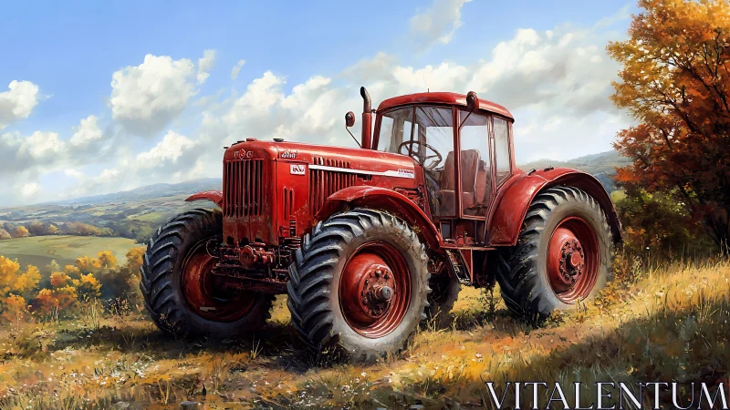 Sunlit red tractor resting in golden autumn fields.