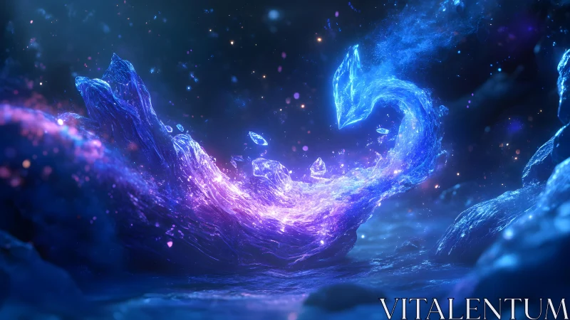 Fantastical Crystal Swan Glowing in Mystical Night Landscape.