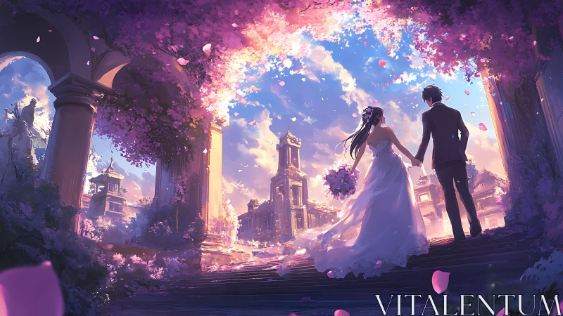 Blossom gate vows beneath a sky of wandering petals.