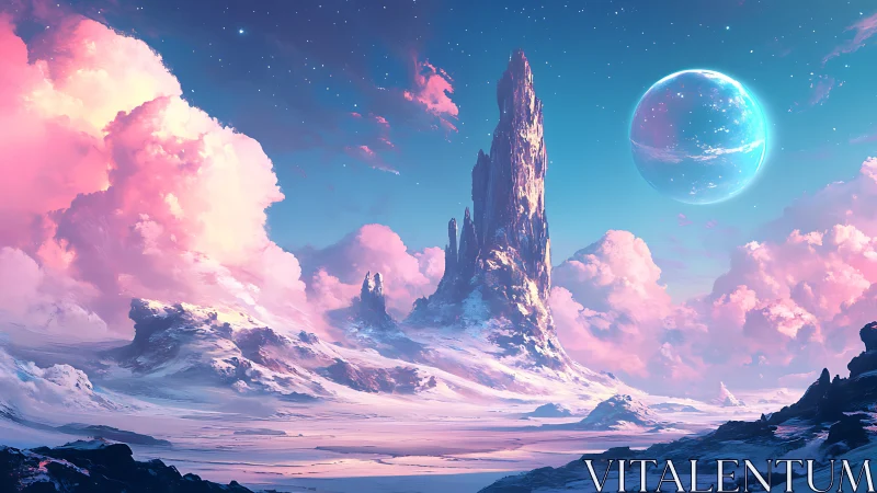 Frozen alien spire rises under glowing turquoise planet