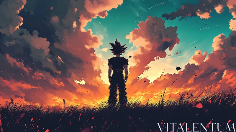 Silhouetted warrior observes turbulent twilight sky alone