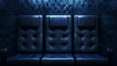 Midnight blue leather seats under cinematic accent lighting.