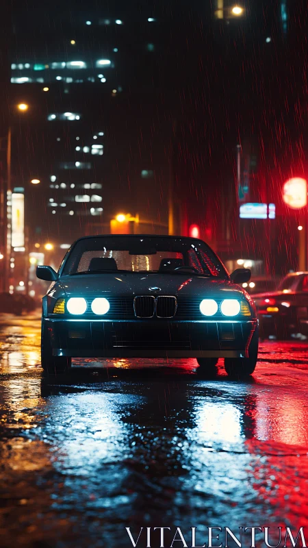 Midnight city rain welcomes a classic car with bright lights