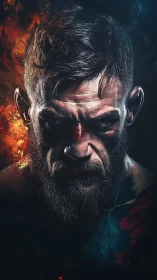 Bruised warrior in fire and shadow, locked in stormlight focus.