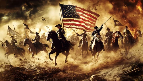 Storm-riding cavalry under blazing American banners.