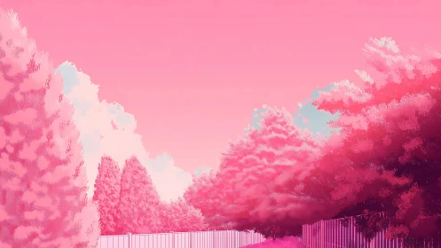 Pink stylized tree line bordering a quiet fenced path.