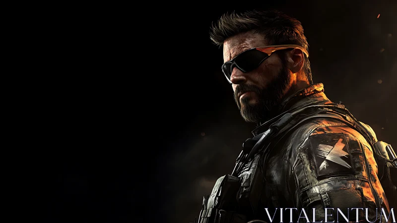 Armored tactical operative framed by burning rim light