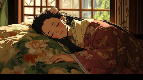 Soft diffused daylight illuminates kimono-clad girl sleeping peacefully