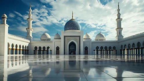 Symmetrical domed courtyard under reflective marble plane.