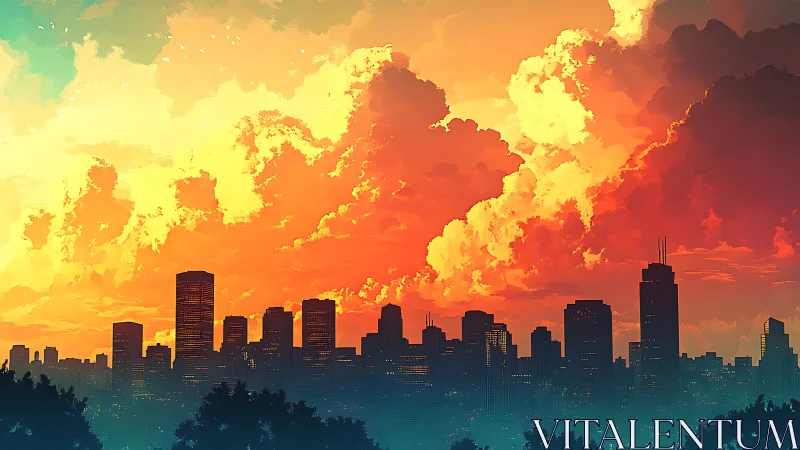 Vibrant urban skyline silhouetted against high-saturation sunset clouds
