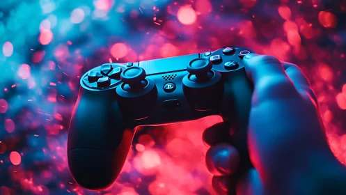 Gaming controller glows in neon bokeh for immersive play