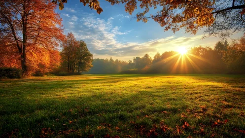 Autumn sunrise over grassy field with warm golden light.