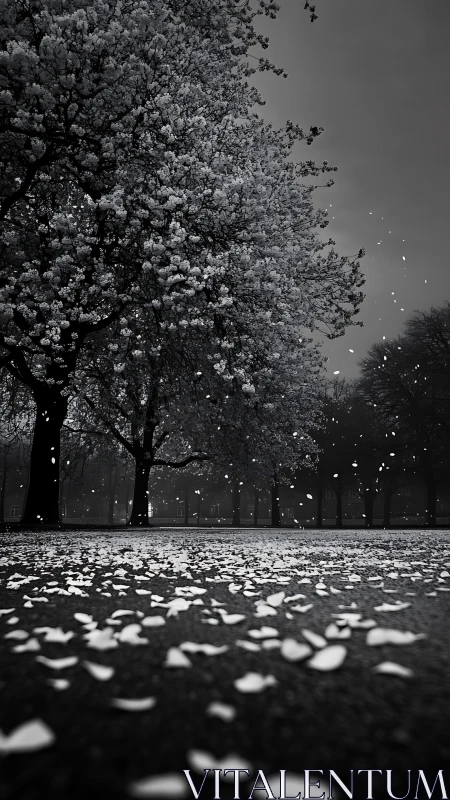 Monochrome blossom trees with falling petals on wet asphalt at dusk