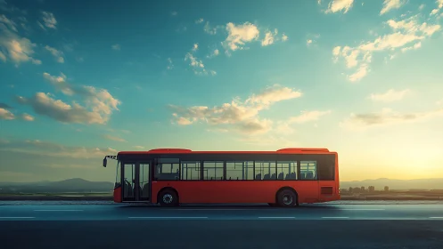 Red city bus stands still on open roadside at sunset
