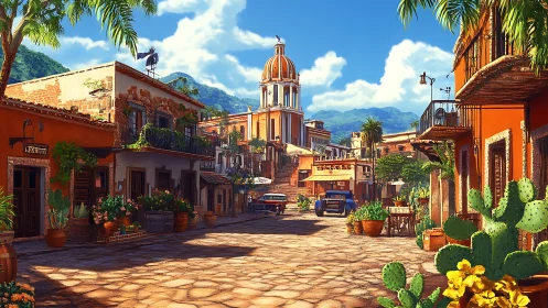 Sunlit Mexican village street with colorful homes and plaza.