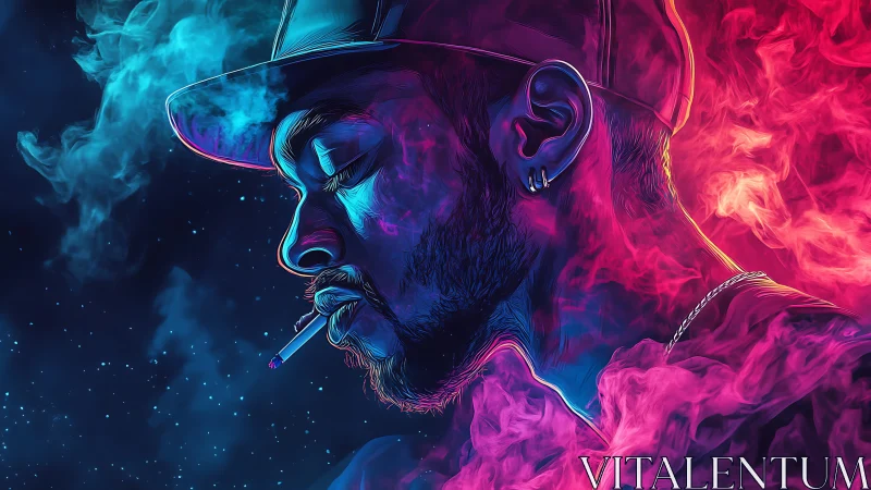 Neon-lit profile portrait with bicolor smoke and cigarette glow.