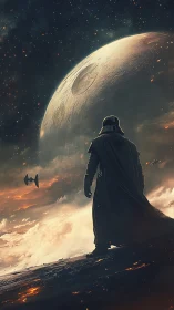 Cinematic sci‑fi villain silhouette beneath looming war moon.
