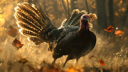 Wild turkey strides through golden autumn forest light.