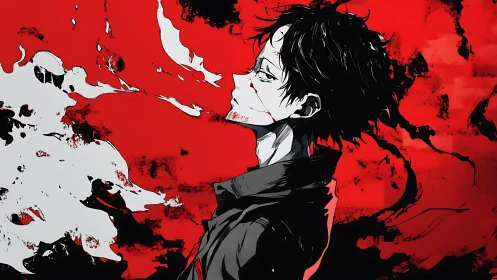 Expressionist anime portrait with high-contrast red field.