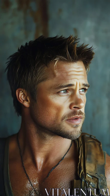 Close-up portrait of rugged man in worn leather vest.