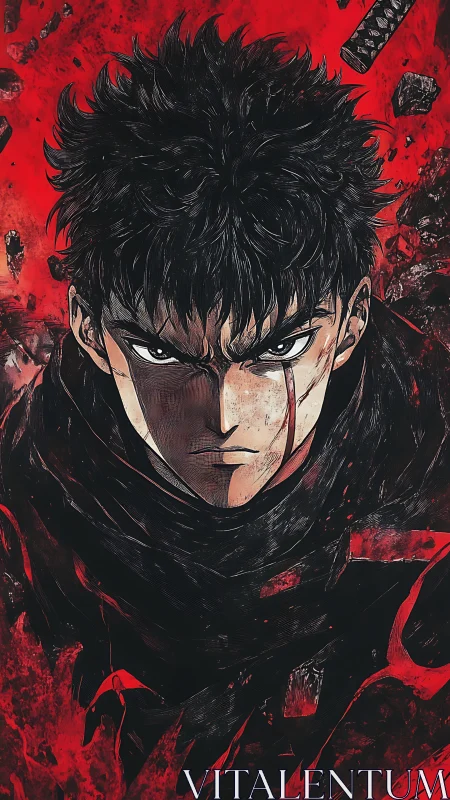 Scarred warrior portrait amid crimson inferno backdrop.