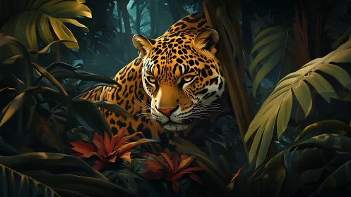 Digital painting of a stalking jaguar in dense tropical foliage.
