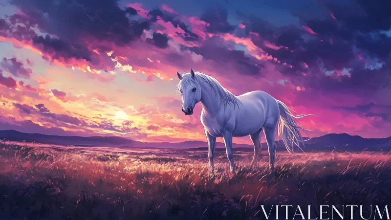 Twilight meadow stallion under cotton candy wildfire skies.