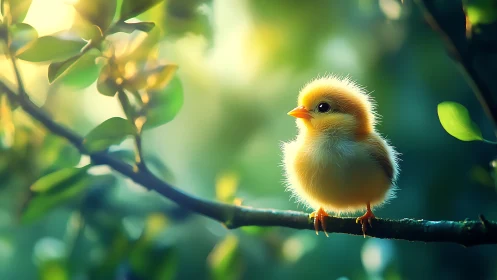 Tiny golden chick basking in soft morning forest light.