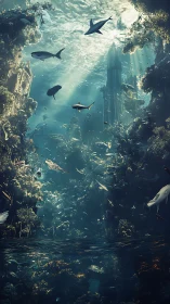 Sharks glide through a drowned metropolis of sunken towers.