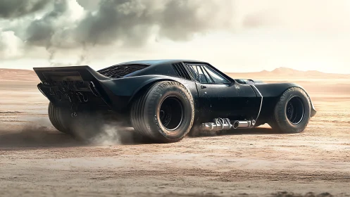 Modified black muscle car is positioned on arid desert terrain