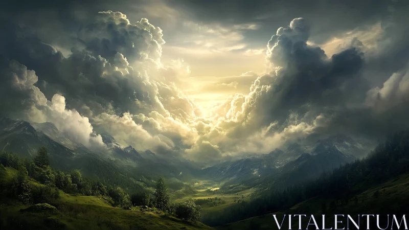 Mountain valley landscape shows dramatic cloud formations at dusk