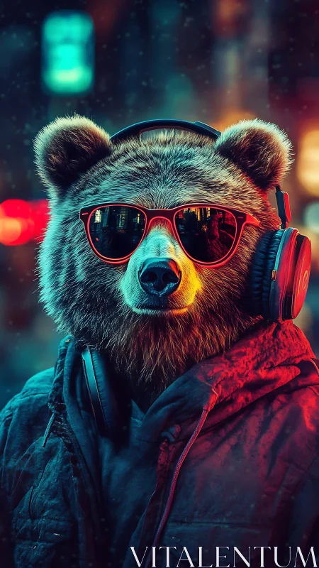 Anthropomorphic bear in neon streetwear rendered as digital portrait