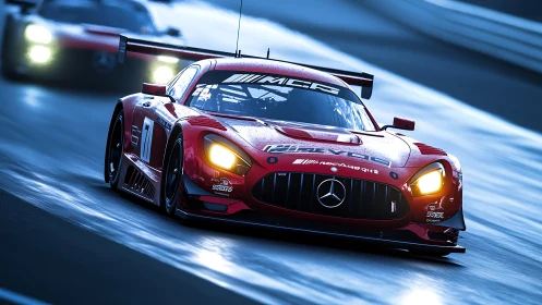 Red race car slicing through rain lit with fierce golden glow.