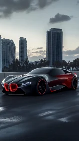 Aerodynamic hybrid BMW hypercar on wet urban rooftop at dusk.