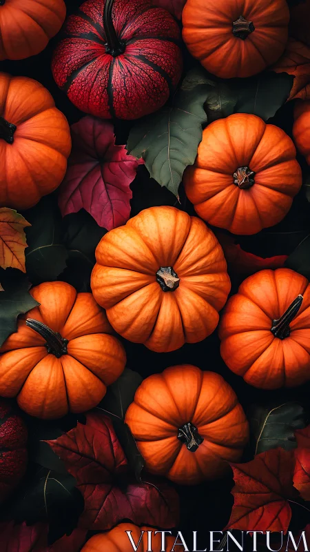 Cozy pumpkins rest on autumn leaves in warm seasonal light