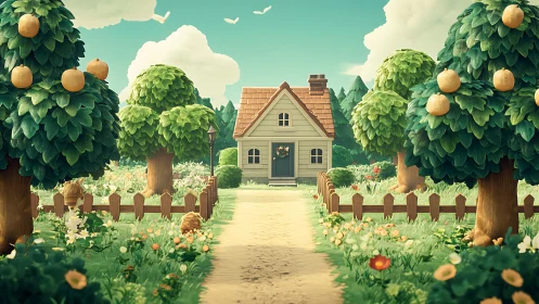 Cozy stylized cottage amid fruit trees and flower garden path