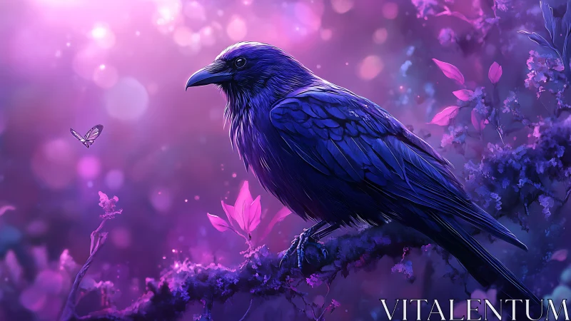 Majestic Raven on Branch in Dreamy Purple Fantasy Artwork.