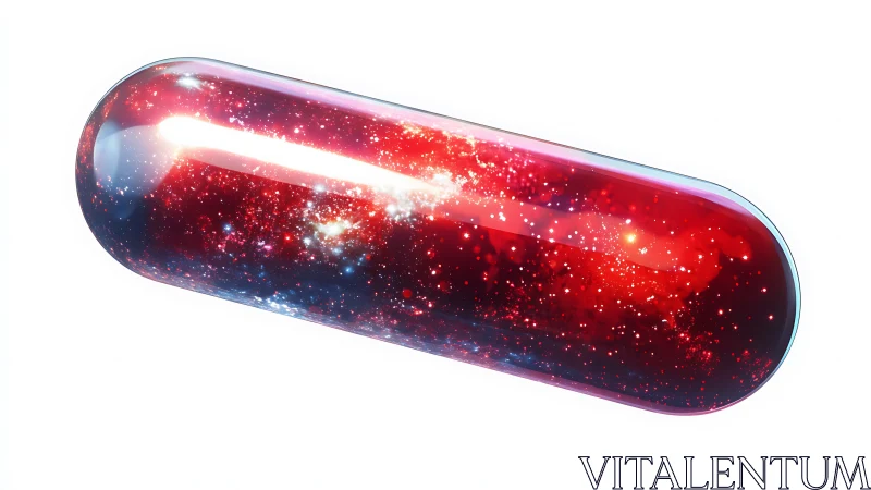 Cosmic red capsule glowing with tiny star-filled wonders.