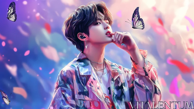 Iridescent youth portrait with butterflies and bokeh petals
